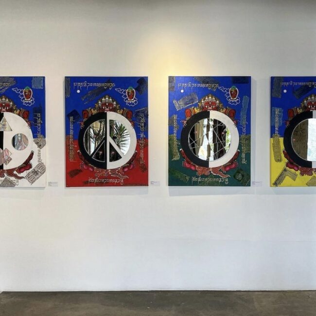 Four Noble Truths Right to left 1 Dukkha - Suffering Mix media 32 x 43 inches 2023 2 Samudaya - Suffering has a cause Mix media 32 x 43 inches 2023 3 Nirodha - Suffering has an end Mix media 32 x 43 inches 2023 4 Marga - Suffering has a cause to bring about its end Mix media 32 x 43 inches 2023