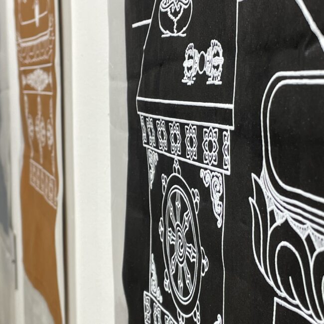 Common Hour 2023 Mixed media on silk “Upcycle Khata Scarf” 19 x 72 inches